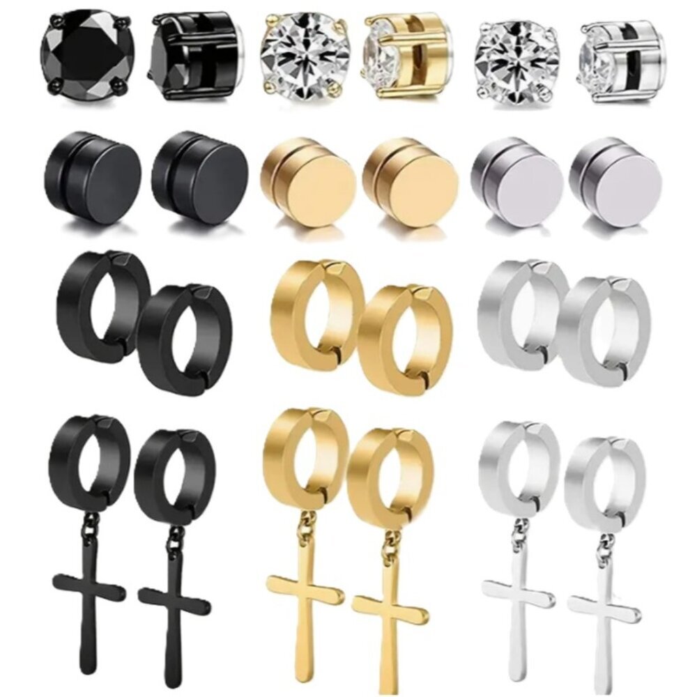 12 Pair - UniSex Stainless Steel Magnetic Non-Piercing Clip On Dangle Earring